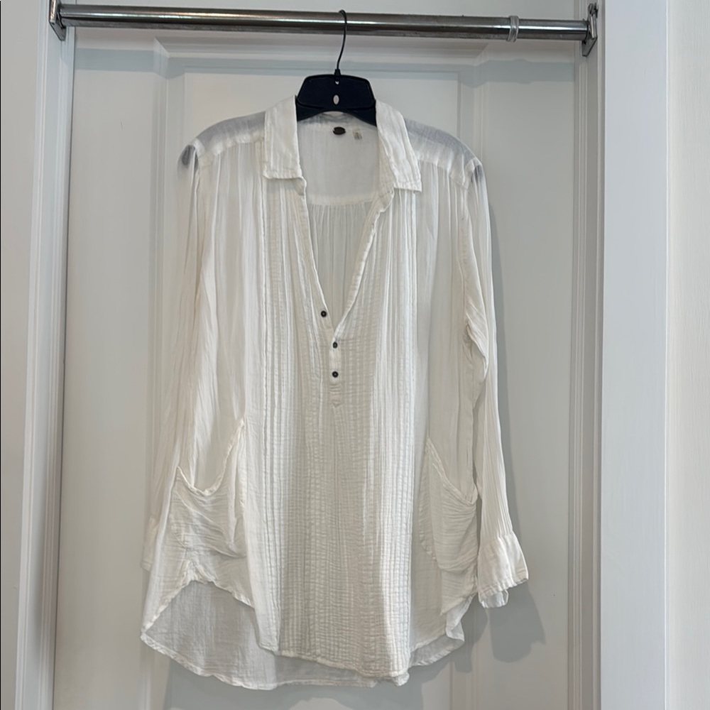 Free People Cream Long Sleeve Notched Collar Blouse